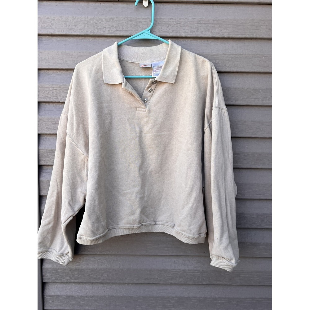 Vintage Nike Sweatshirt Women's XL Cropped Oversize 90s TAN Center Swoosh Henley